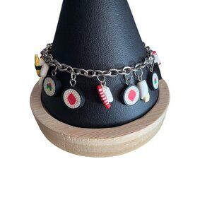 Claires Sushi Charm Bracelet Miniature Food Charms Silver Tone Chain Asian 8.5"